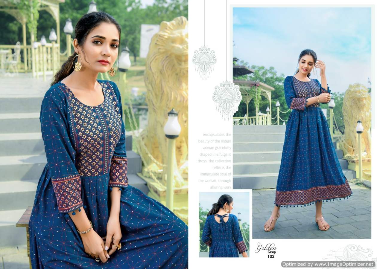 Golden Group Fancy Ethnic Wear Rayon Printed Designer Anarkali Kurti Collection